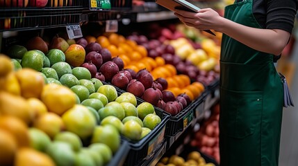 Imagine the scene of an employee in a green apron holding a clipboard and looking at a fruit display
