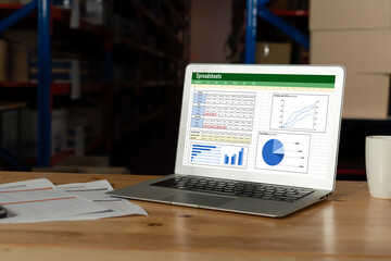 Spreadsheet document information financial startup concept. data and graphs in spreadsheet...