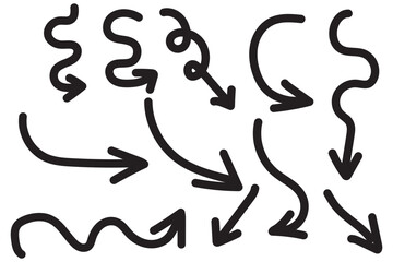 Thin curved arrows collection. Sketch arrows. Vector hand drawn arrows with curls, pointing different directions.