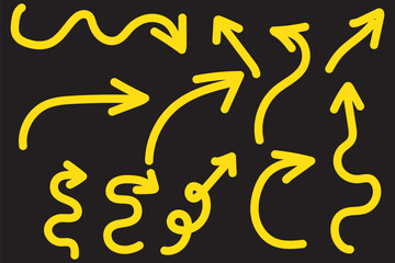 Set of black hand drawn arrows isolated on white. Vector illustration. Hand drawn doodle sketch style. Decoration for web design