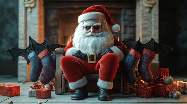 Vampire Santa, surrounded by bats, Christmas stockings, 3D illustration,  no blur, photo not dark, everything is clear, copy space