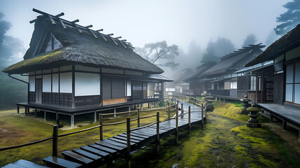 Naklejka premium Mystical Mornings: The Beauty of Fog in Villages