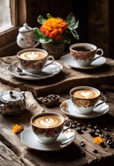 Fototapeta premium elegant display stylish coffee cups artfully arranged rustic wooden table surrounded warm natural light complementary elements, beverage, tea, decor