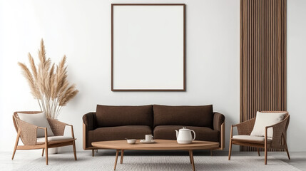 A minimalist living room with a brown couch, two armchairs, a coffee table, a large framed picture, and a vase of pampas grass.