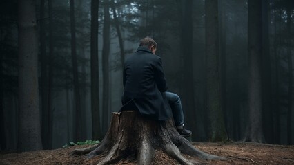 Naklejka premium A solitary figure on a stump in a misty forest