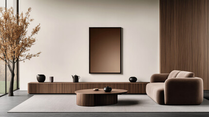 Modern living room with a brown sofa and a wooden coffee table.