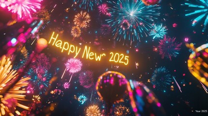 Happy New Year 2025 in bright yellow neon, set against a backdrop of colorful fireworks and stars.