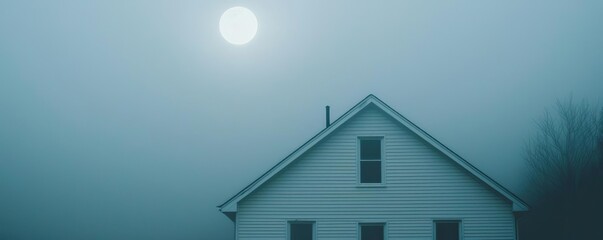 A serene house shrouded in fog under a mysterious moonlight, creating an atmospheric and haunting scene.