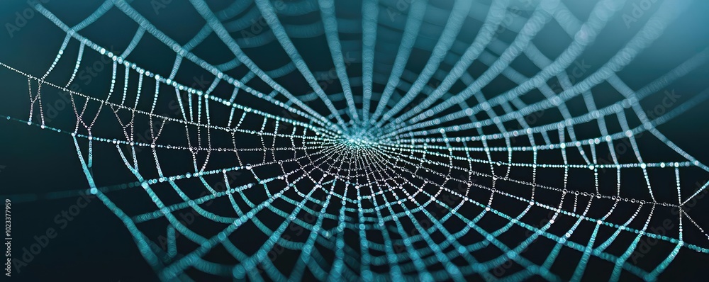 Wall mural close-up of a spider web showcasing intricate patterns and drops of dew, set against a dark backgrou