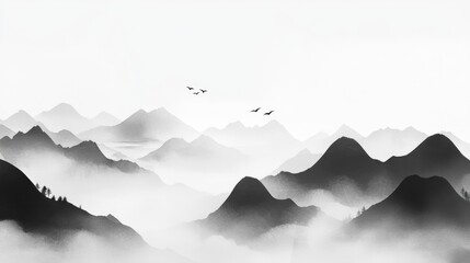 Minimalist Black and White Mountain Landscape Art