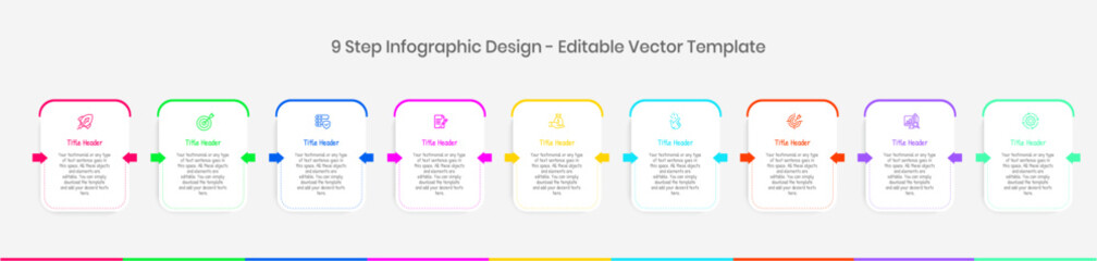 Nine step Infographics Design Template, Chart diagram, Graph, Pie chart, workflow layout, squire diagram, report, Editable presentation design elements, Process diagram in white background
