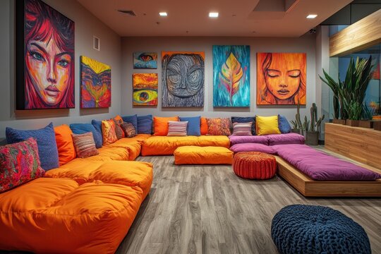therapeutic environment, the group therapy room is decorated with symbolic art and inspiring quotes, providing a supportive environment for navigating challenges