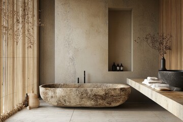 wabi sabi bathroom concept embraces imperfections using weathered wood, stone, and bamboo elements for a natural, rustic look