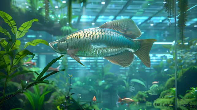 Asian Arowana Fish swimming in a large planted aquarium. Golden Arowana, dragon fish, or bonytongue fish in its habitat. Concept of aquatic life, freshwater aquarium, and exotic pets.
