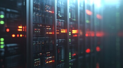A close-up view of illuminated server racks in a data center, showcasing technology infrastructure.