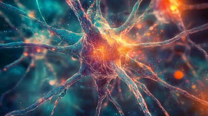 A colorful image of a neuron with a bright orange spot