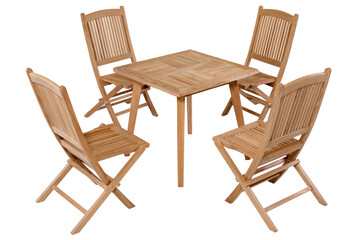 Teak garden furniture, Chairs and table set isolated in white background