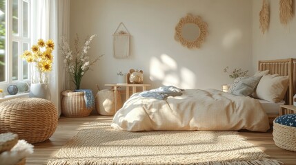 Children’s Room Mockup with Natural Wooden Furniture for Cozy Space