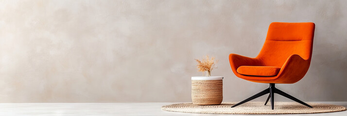Modern orange armchair in a minimalist living room.