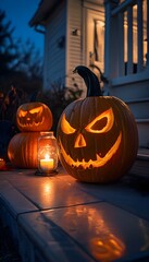 jack o lantern,Spooky halloween pumpkins in forest, illustration for banners, posters, greetings and Halloween celebrations.