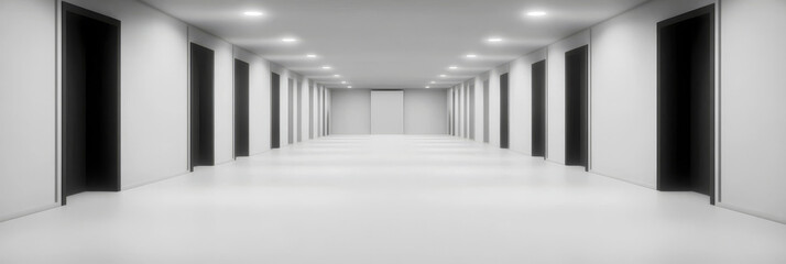 Fototapeta premium A long, white hallway with a series of black doors. The lights are on and the hallway is empty.