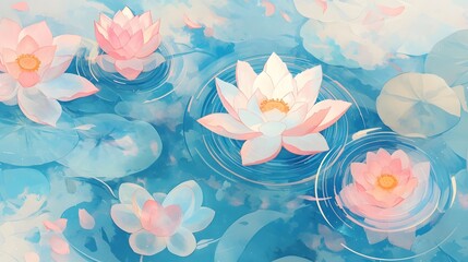calm soft pastel and floating lotus flowers, radiating peaceful, swirling patterns.