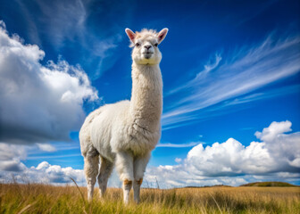 Fototapeta premium white alpaca stands proudly in lush green field under bright blue sky, surrounded by fluffy clouds. serene landscape captures beauty of nature and gentle demeanor of this charming animal