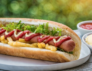 hotdog, d&eacute;licieux sandwich avec une saucisse, des frites, de la salade, sauce ketchup et mayonnaise ou moutarde, pain, isol&eacute;, arri&egrave;re plan vert flou