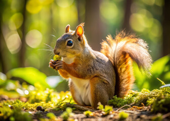Fototapeta premium brown squirrel foraging for food in sunny forest, surrounded by vibrant greenery and soft moss, exudes sense of tranquility and connection with nature