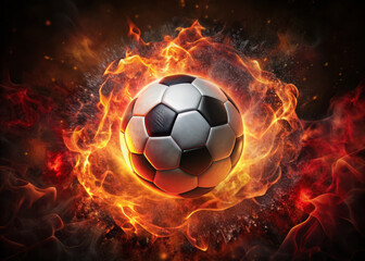 Naklejka premium dynamic soccer ball surrounded by vibrant flames creates intense and energetic atmosphere, perfect for sports enthusiasts and fans