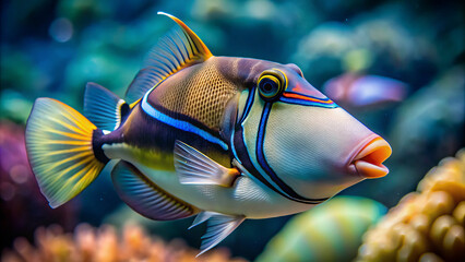 Obraz premium vibrant triggerfish swims gracefully through colorful coral reef, showcasing its intricate patterns and striking colors. underwater scene is lively and captivating