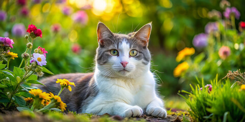 Obraz premium white and grey cat lounges peacefully in vibrant garden filled with colorful flowers, enjoying warm sunlight and serene atmosphere
