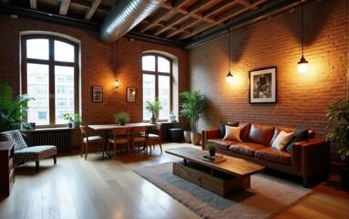 Industrial-style living room with leather sofa and wooden furniture. Warm brick walls, large windows, and green plants create a cozy atmosphere in the spacious room