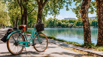 Fototapeta premium Bicycle Parked by a Picturesque Lake with Tall Trees in the Background Isolated Against a Soft Sky in a Serene Outdoor Setting