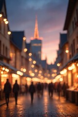 Blurred City Street at Dusk with Bokeh Lights and People Walking