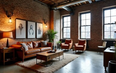 Fototapeta premium Loft living room with a focus on brick walls and natural light. A spacious room featuring a leather sofa, large windows, and wooden furniture, creating a modern and cozy vibe