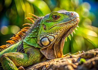 vibrant green iguana basking in sunlight, showcasing its intricate scales and unique features. lush background enhances serene atmosphere of this reptiles habitat