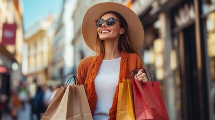 A cheerful woman enjoys shopping while carrying colorful bags in a vibrant urban street during daytime
