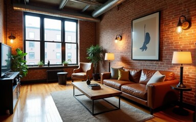 Fototapeta premium Loft living room with a focus on brick walls and natural light. A spacious room featuring a leather sofa, large windows, and wooden furniture, creating a modern and cozy vibe