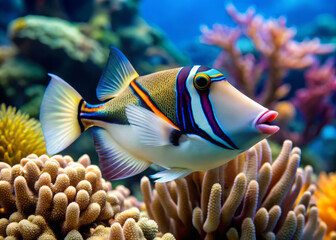 Obraz premium vibrant triggerfish swims gracefully among colorful coral reefs, showcasing its unique patterns and colors. underwater scene is lively and full of marine life, creating captivating view