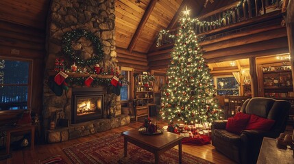 A festive Christmas tree lights up a cozy cabin, creating a welcoming atmosphere of joy and new beginnings for the holiday season.