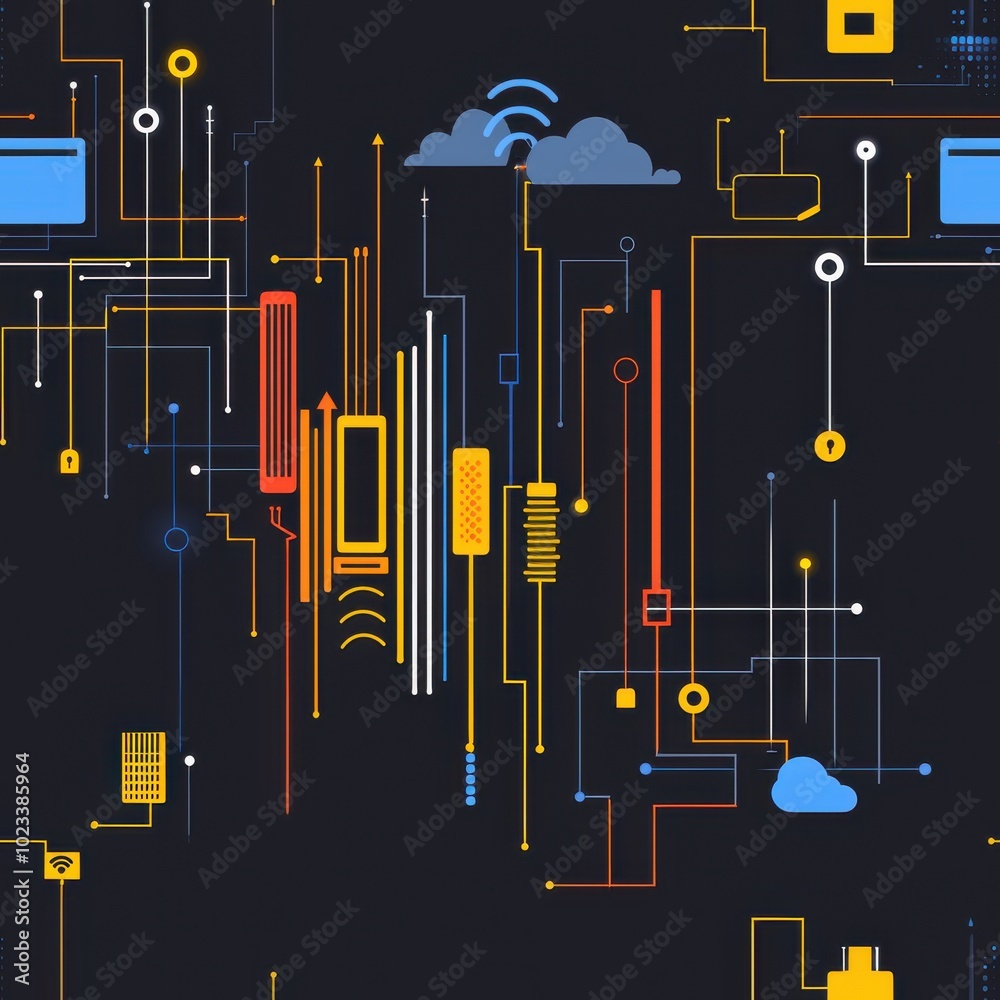 Poster digital connection network in simplified tech grid, seamless pattern