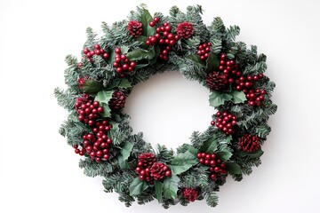 Christmas wreath with red berries on white