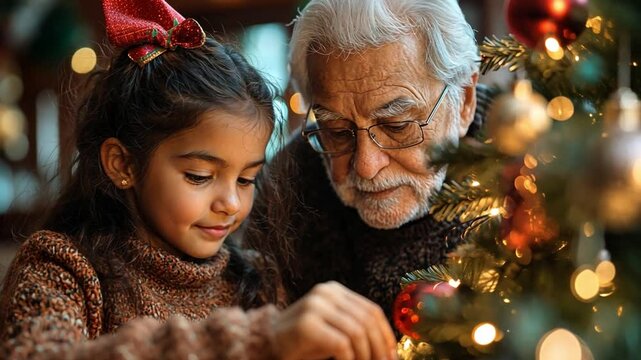 Grandfather and granddaughter decorate a Christmas tree together in a cozy home setting