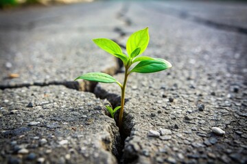 Green plant growing from crack in asphalt close-up