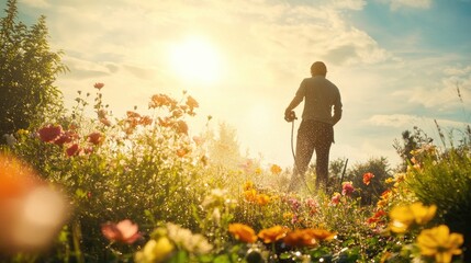 Fototapeta premium A gardener irrigating flowers with a sprinkler hose on a sunny day, carefully tending to the vibrant garden with love and attention.