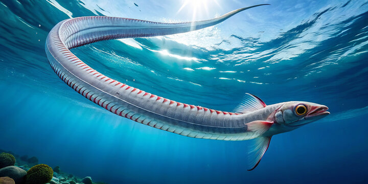 rare sighting of oarfish undulating gracefully near ocean surface, showcasing its elongated body and vibrant colors. This majestic creature glides through clear blue waters, captivating all who