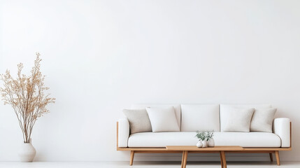 Fototapeta premium Minimalist living room with a white couch and wooden coffee table.