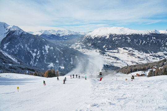  Winter ski sport activities in sunny day. Skier detail panorama with copy space concept.