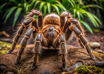 Goliath birdeater tarantula displays its impressive size and unique features in natural setting, surrounded by lush greenery. This fascinating creature evokes sense of awe and curiosity